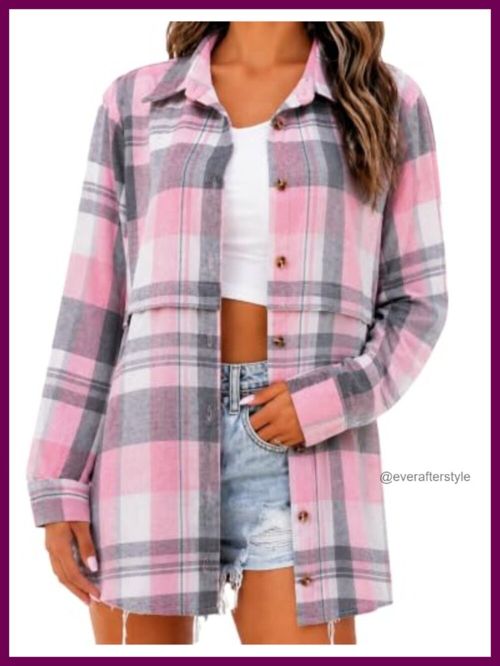 Plaid Flannel Shirt Long Sleeve Button Down Tunic Top